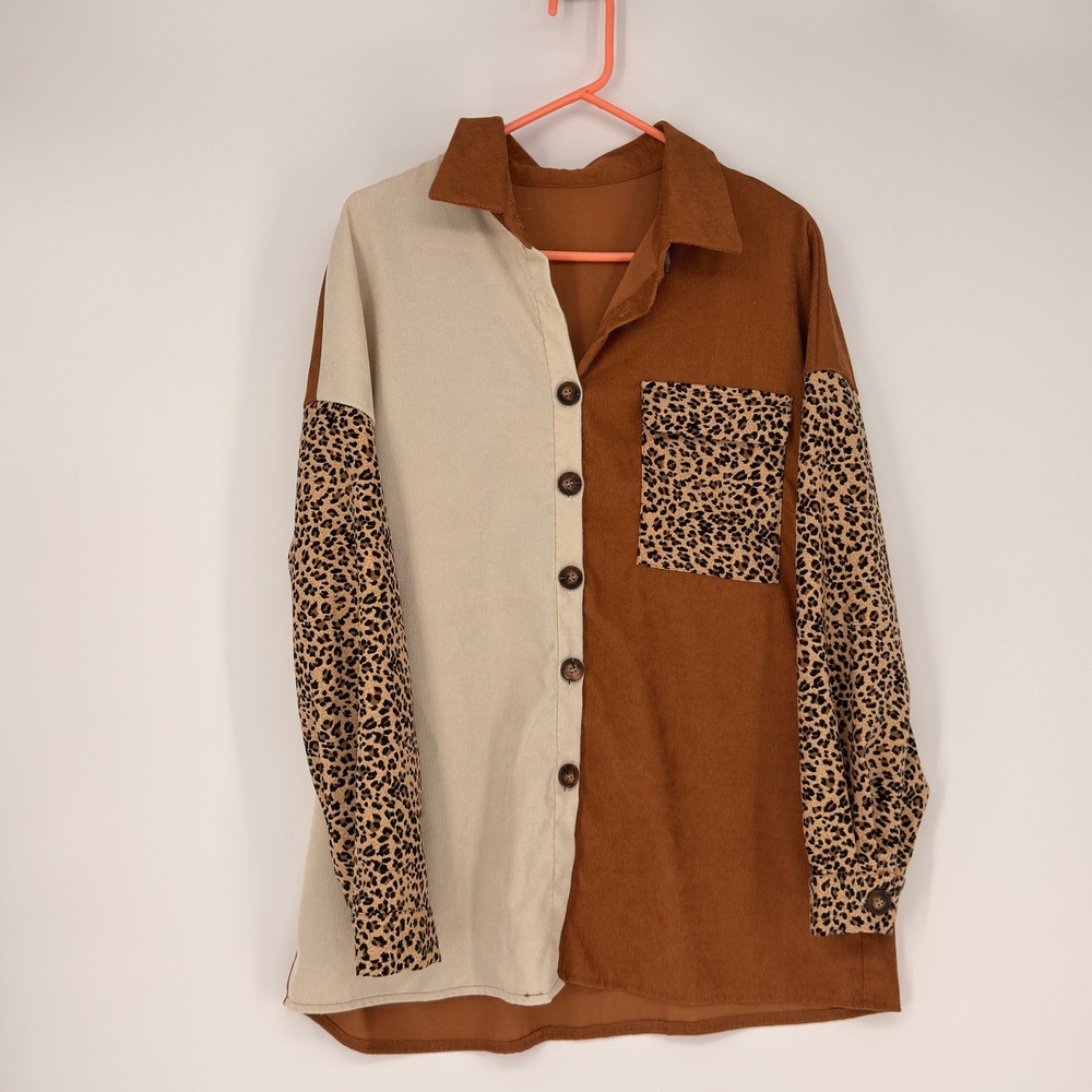 Western Button Down Shirt Womens OS Brown Colorblock Leopard Corduroy Boho Earth